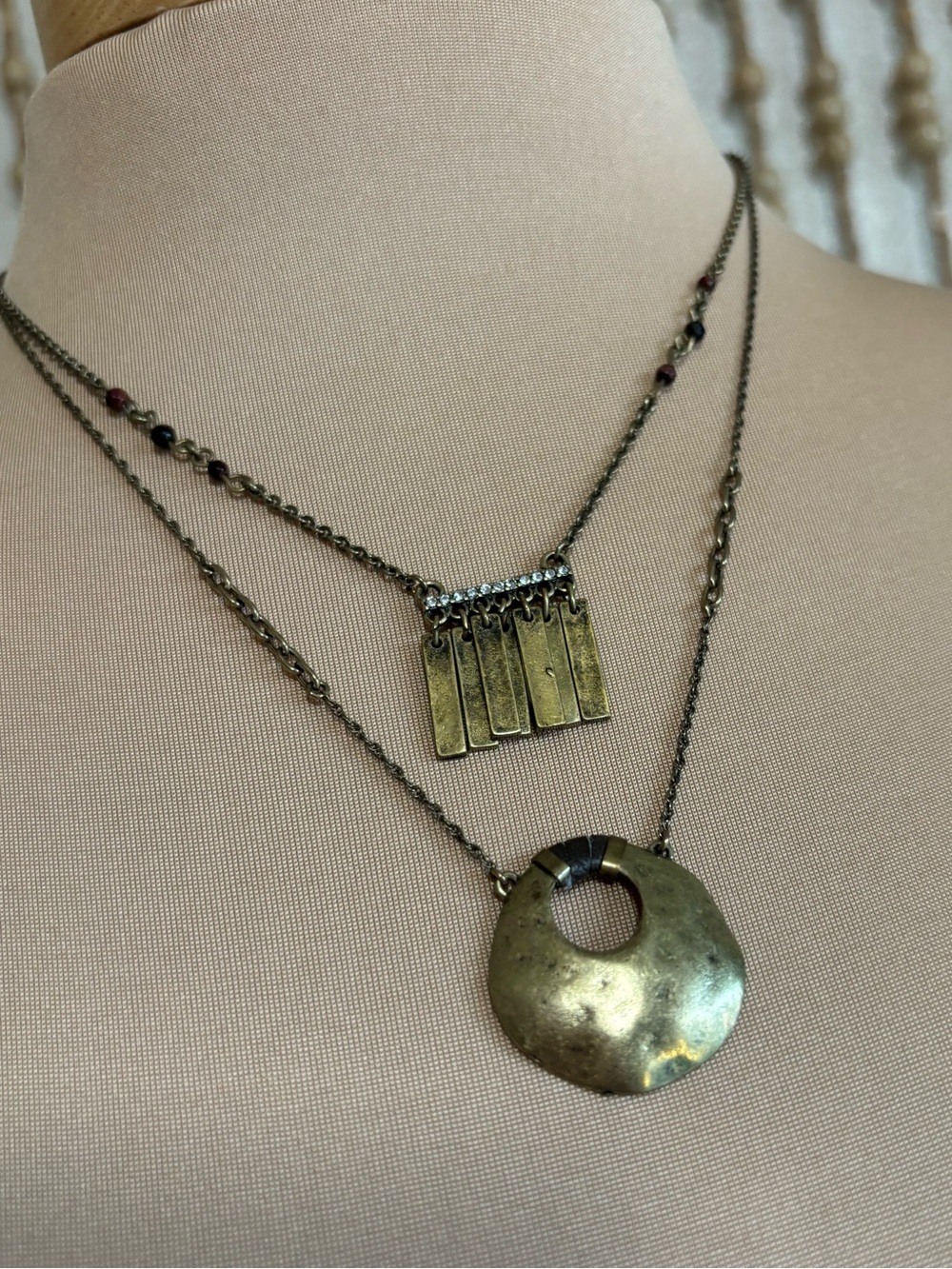 Boho Antiqued Gold Beaded Boho Indie Medallion Bar Rhinestone Layered Necklace